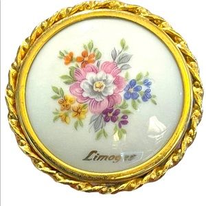 Antique Limoges porcelin Hand painted flowers gold finish round brooch appx 1920
